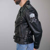 Men's black motorcycle leather jacket by Hot Leathers with skull and crossbones design, featuring rugged leather and classic style.
