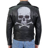 Men's black motorcycle leather jacket by Hot Leathers with skull and crossbones design, featuring classic biker style and durable leather.