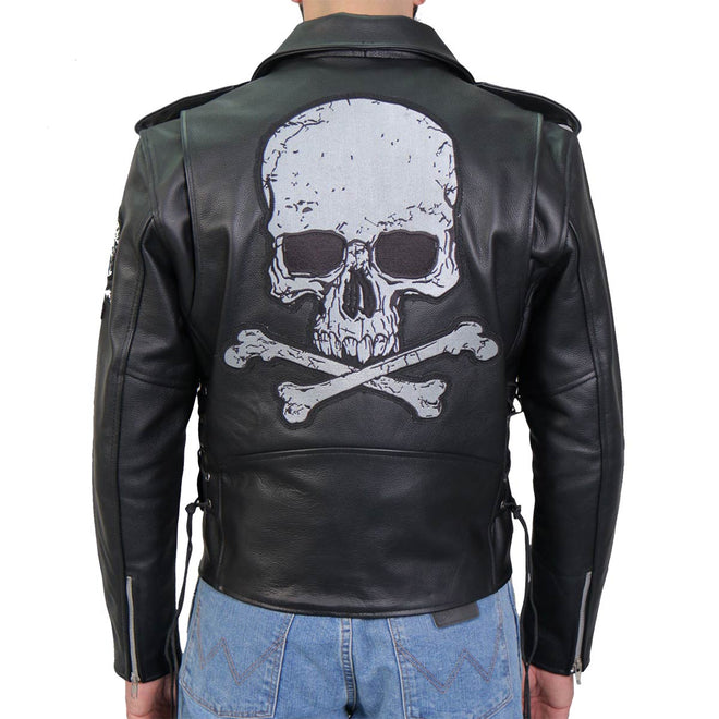 Men's black motorcycle leather jacket by Hot Leathers with skull and crossbones design, featuring classic biker style and durable leather.