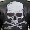 Men's black motorcycle leather jacket by Hot Leathers with skull and crossbones design, featuring classic biker style.