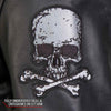 Men's black motorcycle leather jacket by Hot Leathers with skull and crossbones design, featuring classic biker style and durable leather.
