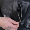 Men's black motorcycle leather jacket by Hot Leathers with skull and crossbones design, featuring classic biker style details.