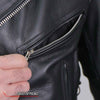 Men's black motorcycle leather jacket by Hot Leathers featuring skull and crossbones design and classic biker style.
