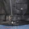Men's black motorcycle leather jacket by Hot Leathers featuring skull and crossbones design.