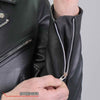 Men's black motorcycle leather jacket by Hot Leathers with skull and crossbones design, featuring classic biker style.