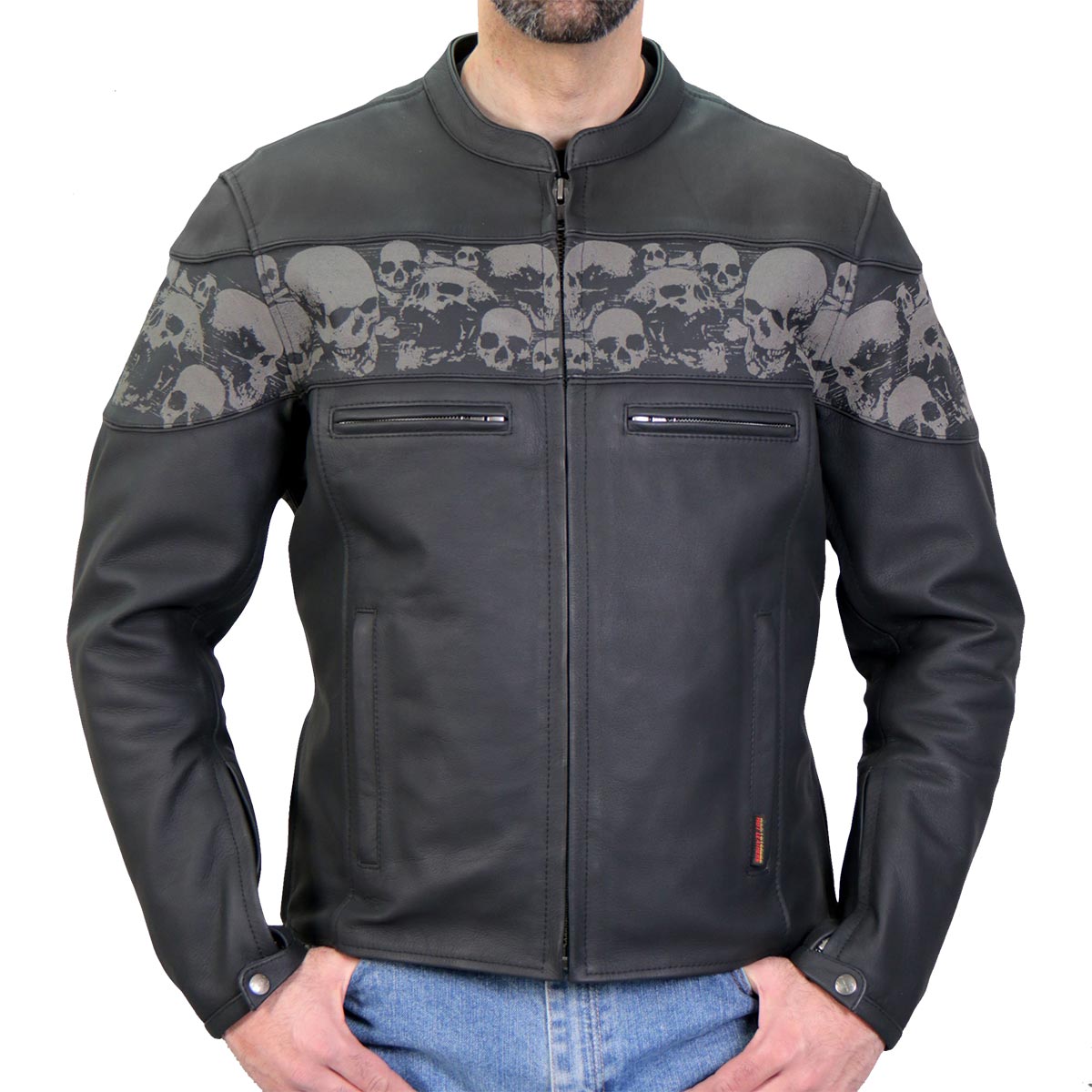 Hot Leathers JKM2002 Men’s Black ‘Reflective Skull' Printed Leather Jacket with Utility Pockets