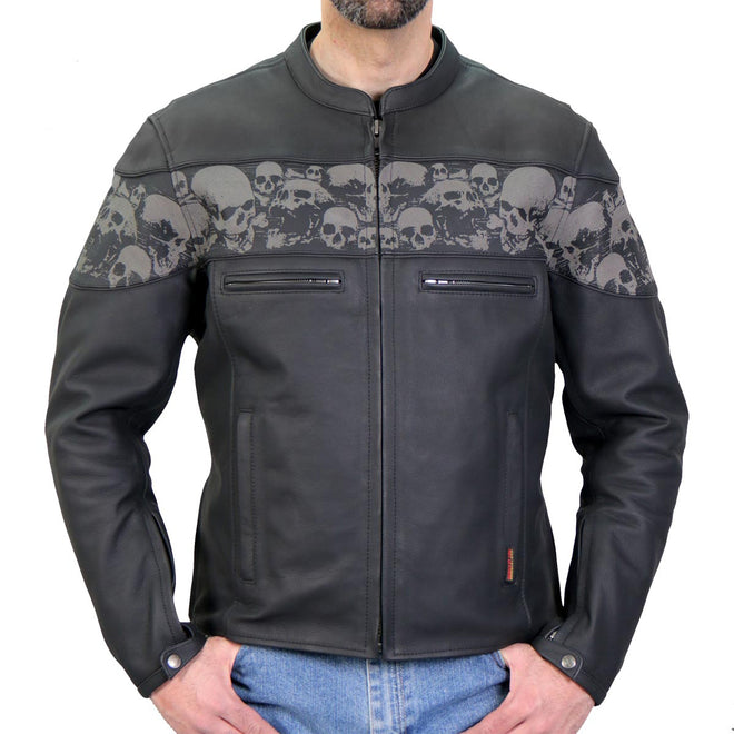 Hot Leathers JKM2002 Men’s Black ‘Reflective Skull' Printed Leather Jacket with Utility Pockets