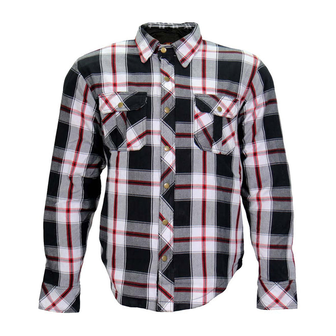 Men's red and white armored flannel jacket by Hot Leathers, featuring a rugged design and durable fabric for outdoor wear.