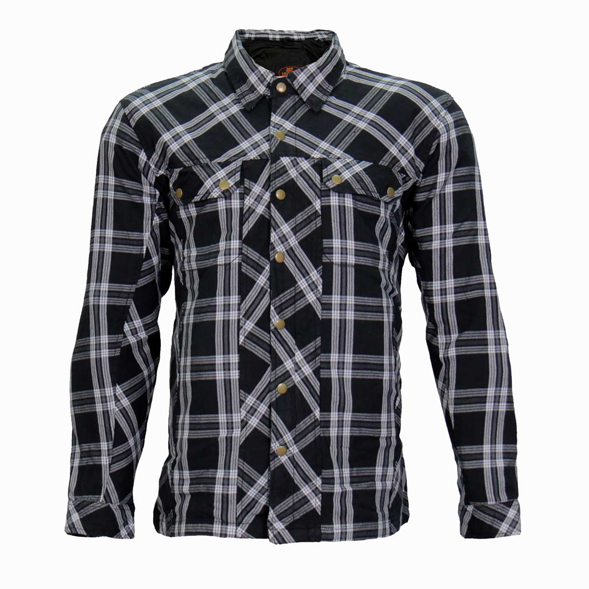 Men's black and white armored flannel jacket by Hot Leathers, featuring a rugged style and protective armor details.