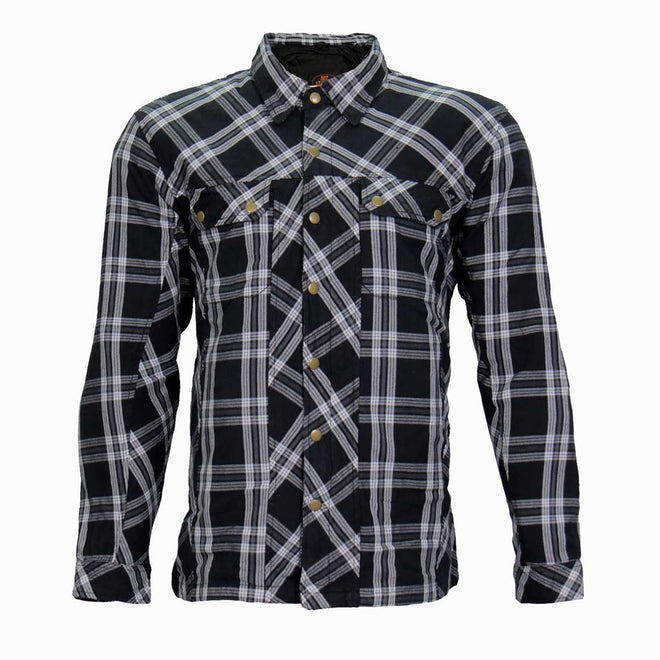 Men's black and white armored flannel jacket by Hot Leathers, featuring a rugged style and protective armor details.