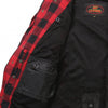 Men's Red and Black Hot Leathers armored flannel jacket with chest and shoulder protection, casual style, front view.