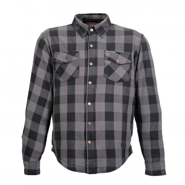 Hot Leathers men's grey and black flannel motorcycle shirt-jacket with armor protection, featuring front pockets and durable design.