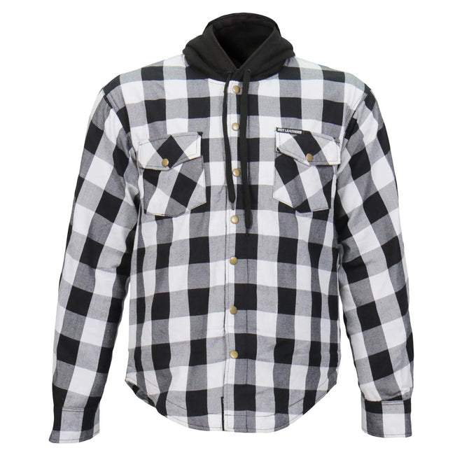 Men's black and white hooded armored flannel jacket by Hot Leathers, featuring rugged design and durable fabric for outdoor wear.