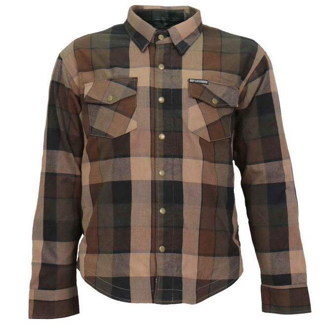 Men's Black and Brown armored flannel shirt by Hot Leathers, featuring rugged design and protective padding, in a casual jacket style.