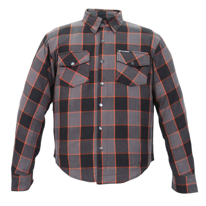Men's Black and Grey armored flannel shirt by Hot Leathers, featuring orange accents, designed for motorcycle riding.