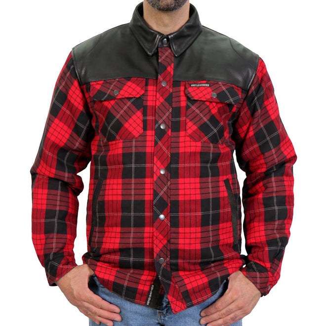 Men's red and black plaid flannel shirt with Kevlar-reinforced leather accents from Hot Leathers, featuring a rugged, durable design.