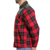 Men's red and black plaid flannel shirt with Kevlar-reinforced leather accents from Hot Leathers, featuring rugged, durable design.