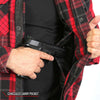 Men's red and black plaid flannel shirt with Kevlar-reinforced leather accents from Hot Leathers, featuring rugged, stylish design.