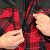 Men's red and black plaid flannel shirt by Hot Leathers with Kevlar-reinforced leather sleeves and chest details.