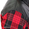 Men's red and black plaid flannel shirt with Kevlar-reinforced leather sleeves by Hot Leathers, featuring a rugged, durable design.
