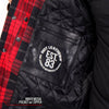 Men's red and black plaid flannel shirt with Kevlar-reinforced leather accents from Hot Leathers, featuring a rugged, casual style.