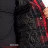 Men's red and black plaid flannel shirt with Kevlar-reinforced leather accents from Hot Leathers, featuring a rugged jacket style.