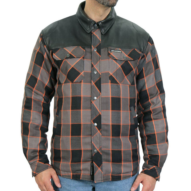 Men's Hot Leathers jacket with grey, black, and orange leather and plaid flannel details, rugged and stylish motorcycle-inspired design.