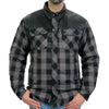 Men's grey and black plaid flannel shirt from Hot Leathers with Kevlar-reinforced leather details, casual and rugged style.