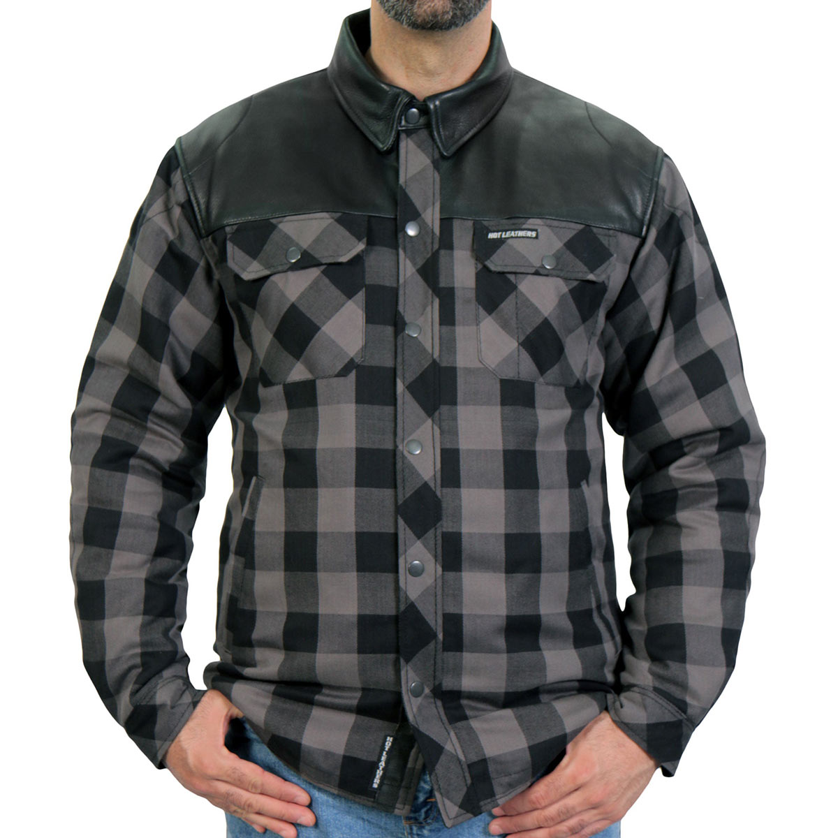 Men's grey and black plaid flannel shirt from Hot Leathers with Kevlar-reinforced leather details, casual and rugged style.