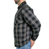 Men's grey and black plaid flannel shirt with Kevlar-reinforced leather panels, from Hot Leathers men's jackets collection.
