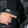Men's grey and black plaid flannel shirt with Kevlar-reinforced leather accents from Hot Leathers, shown in a close-up image.
