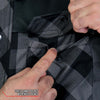 Men's grey and black Hot Leathers plaid flannel shirt with Kevlar-reinforced leather accents, casual and rugged style.