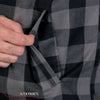 Men's grey and black plaid flannel shirt with Kevlar-reinforced leather accents by Hot Leathers, featuring a rugged, casual style.