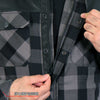 Men's grey and black Kevlar reinforced leather and plaid flannel shirt by Hot Leathers, featuring a rugged, stylish design.
