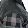 Men's grey and black leather and plaid flannel shirt by Hot Leathers, Kevlar reinforced, casual jacket with rugged style.