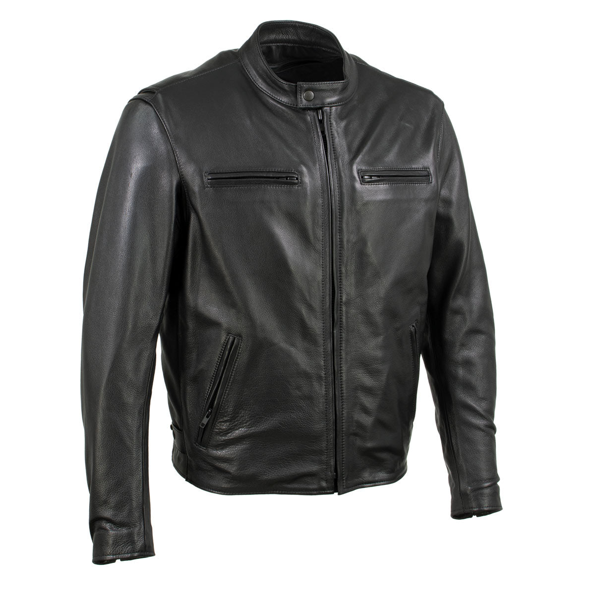 Milwaukee Leather men's black Road Racer motorcycle jacket made of premium leather, featuring a classic motorcycle jacket design.