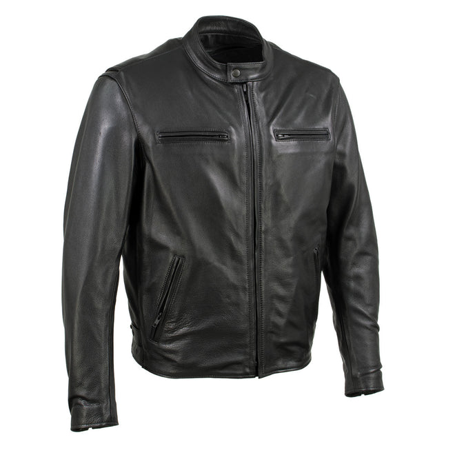 Milwaukee Leather men's black Road Racer motorcycle jacket made of premium leather, featuring a classic motorcycle jacket design.