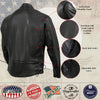 Back view of Hot Leathers men's Air Stream vented black leather motorcycle jacket with side laces and premium leather details.