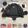 Inside view of Hot Leathers Air Stream men's vented black leather motorcycle jacket with side laces and premium craftsmanship.