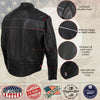 Back view of Hot Leathers men's Echo black leather motorcycle jacket with reflective piping and premium design.