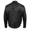 Back view of Hot Leathers men's Echo motorcycle jacket in black leather with reflective piping, showcasing durable craftsmanship.