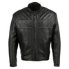 Milwaukee Leather men's black Echo motorcycle jacket with reflective piping, premium leather, front view, USA MADE MEN JACKETS