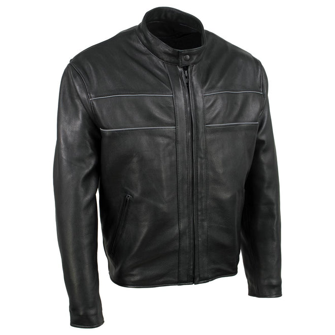 Men's Black Leather Motorcycle Jacket by Hot Leathers, Echo style with reflective piping, USA made premium men's jacket.
