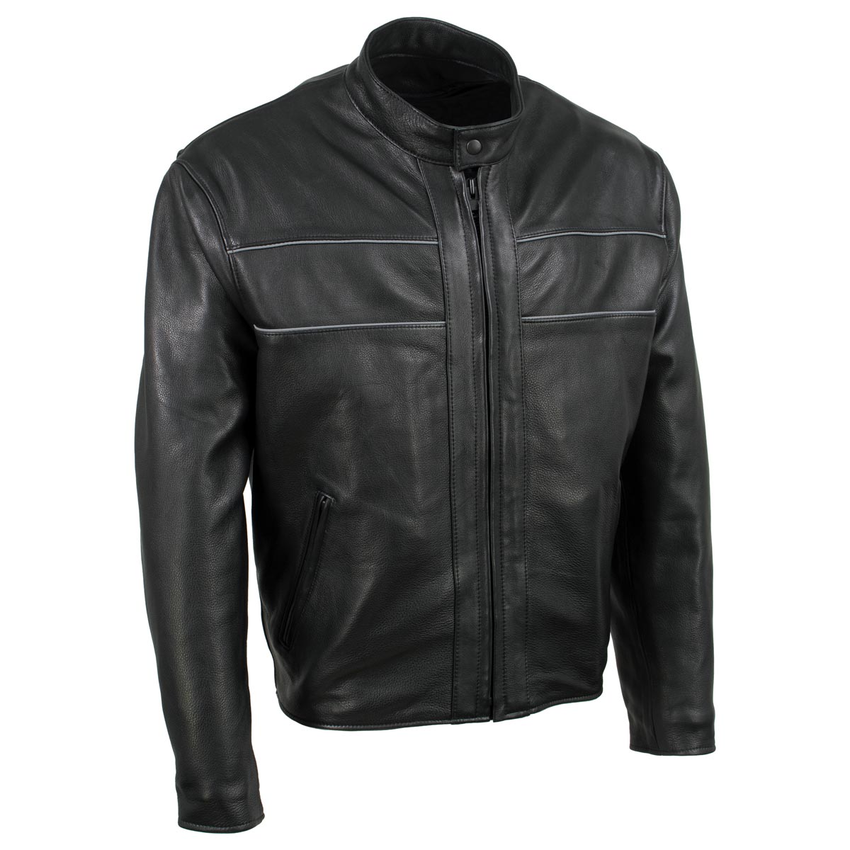 Milwaukee Leather men's black Echo motorcycle jacket with reflective piping, premium leather, and classic biker style.