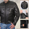 Hot Leathers men's Echo motorcycle jacket in black leather with reflective piping, designed for style and safety.