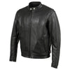 Front view of Hot Leathers men's Rumble black premium leather motorcycle jacket showing classic design and sturdy construction.