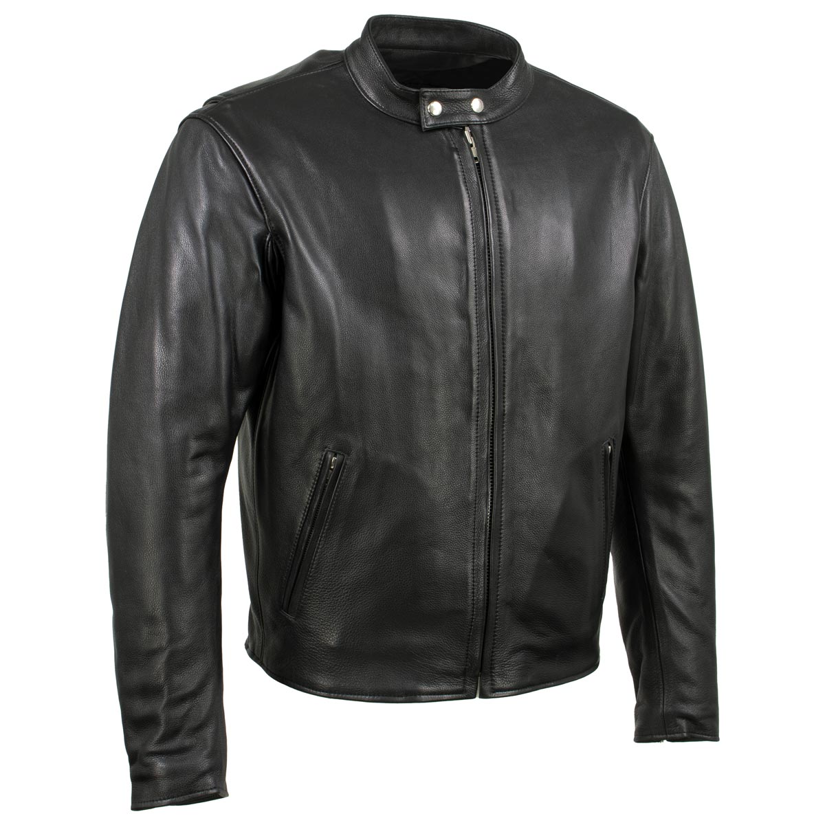 Black men's motorcycle jacket by Hot Leathers, premium leather Rumble jacket with classic design and USA-made craftsmanship.