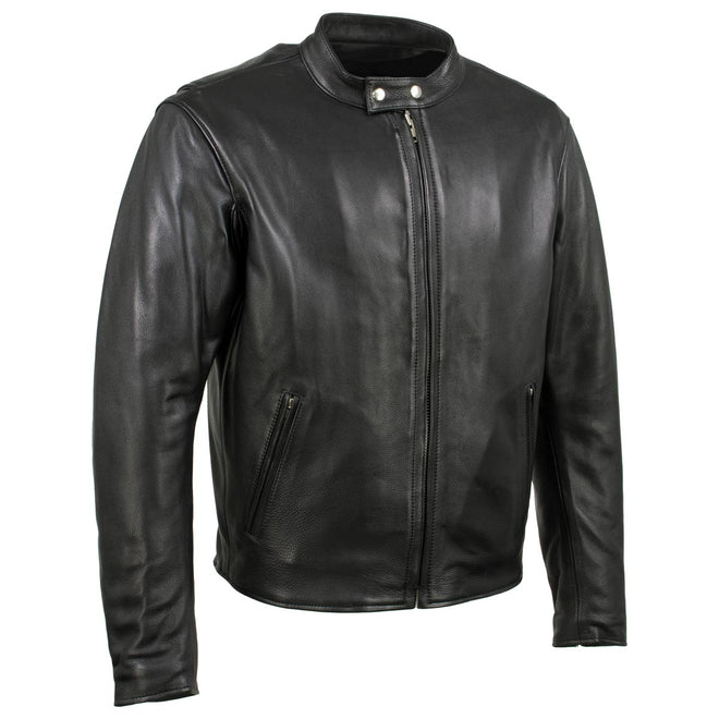 Black men's motorcycle jacket by Hot Leathers, premium leather Rumble jacket with classic design and USA-made craftsmanship.