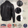 Back view of Hot Leathers men's Revolve black leather motorcycle jacket with vented panels and premium craftsmanship.