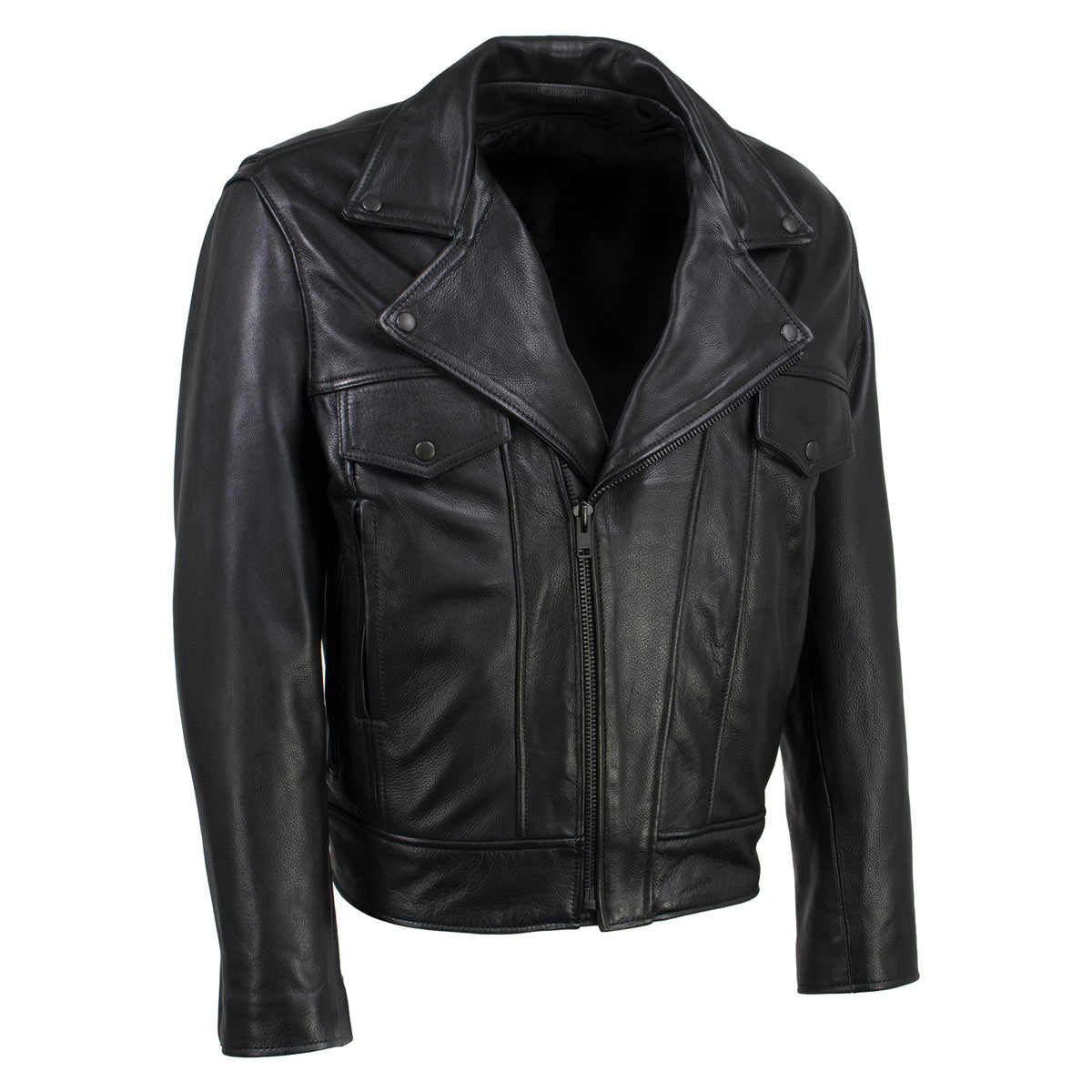 Hot Leathers men's black leather motorcycle jacket with vented design, made in the USA, featuring the Revolve style.
